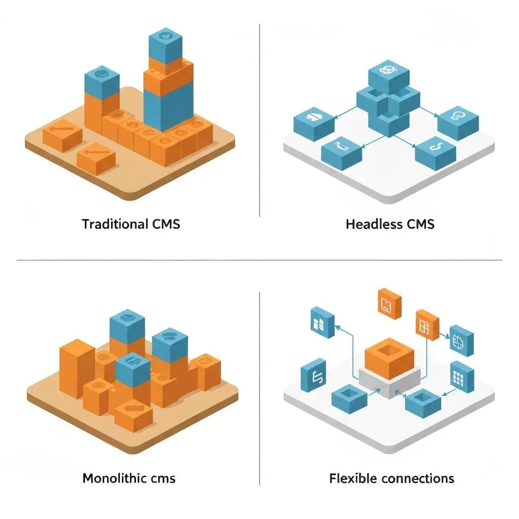 Comparison of traditional CMS and headless CMS architectures highlighting their structural differences